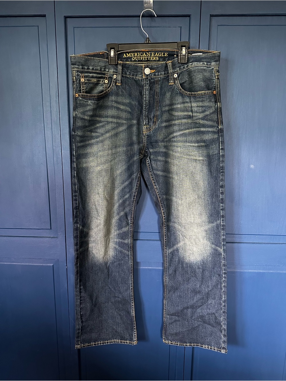 American Eagle Outfitters Men’s Blue Bootcut Jeans with Faded Whiskering